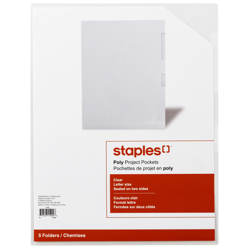 Pochettes de projet Staples Poly - Format lettre - Transparentes - Paquet de 5