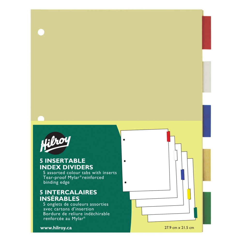 Intercalaires Hilroy format lettre avec 5 onglets d'insertion - Jaune avec onglets de couleurs assorties