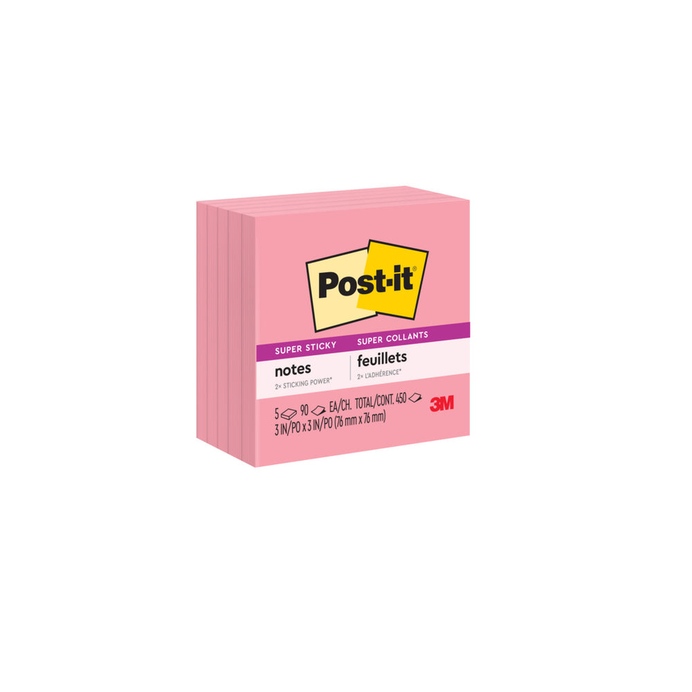 Notes Post-it Super Sticky - 3" x 3" - Rose fluo - 350 feuilles - Paquet de 5