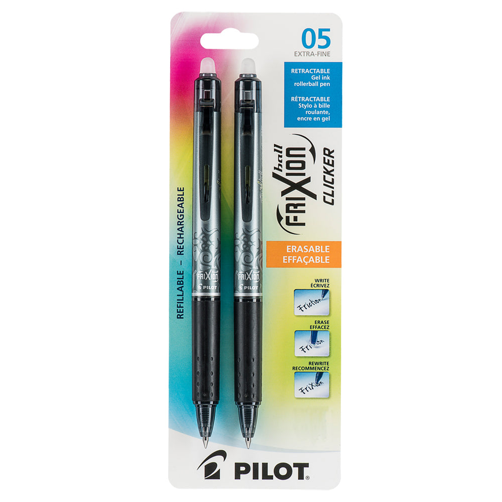 Pilot Frixion Clicker Erasable Gel Ink Pens, Roller Ball Point, Retractable, Refillable, 0.5mm, Black, 2 Pack (BLRT-FR5-BK)