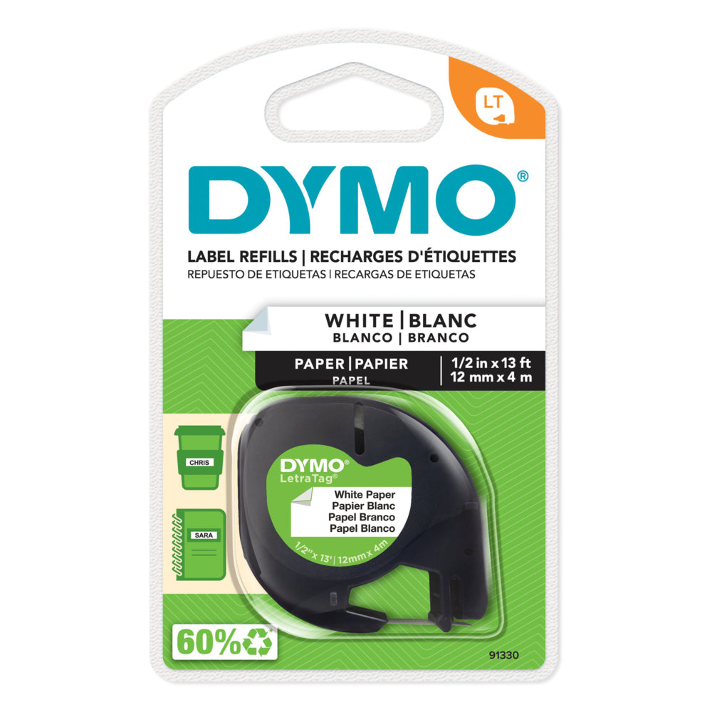 Ruban d'étiquettes DYMO LetraTag, 12 mm, noir sur blanc, papier