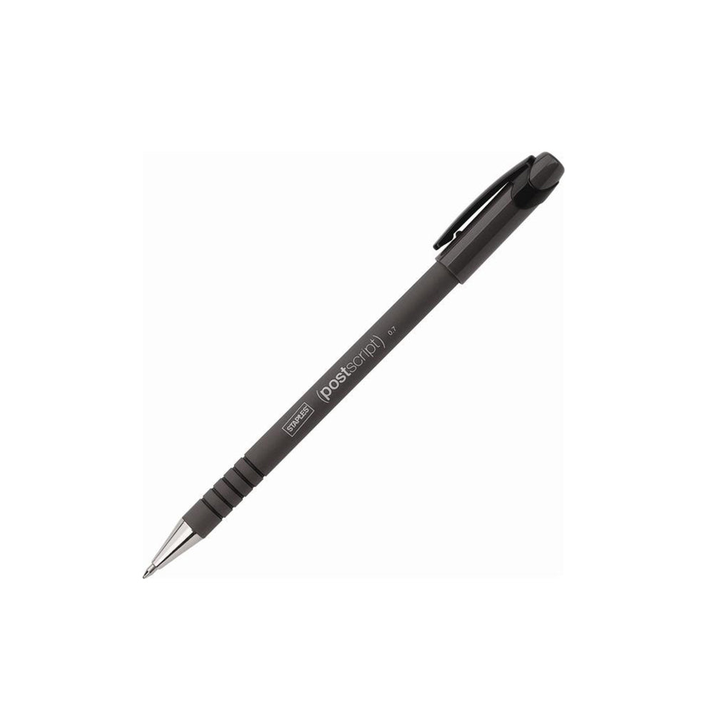 Stylo à bille Staples PostScript à corps caoutchouté - Pointe fine - 0,7 mm - Encre noire - Paquet de 12