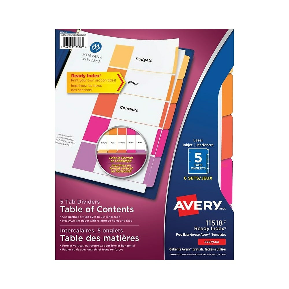 Avery Ready Index Table of Content Dividers for Laser and Inkjet Printers, Plain Tab, 5 Tabs, 6 sets, Multi-colour, (11518)