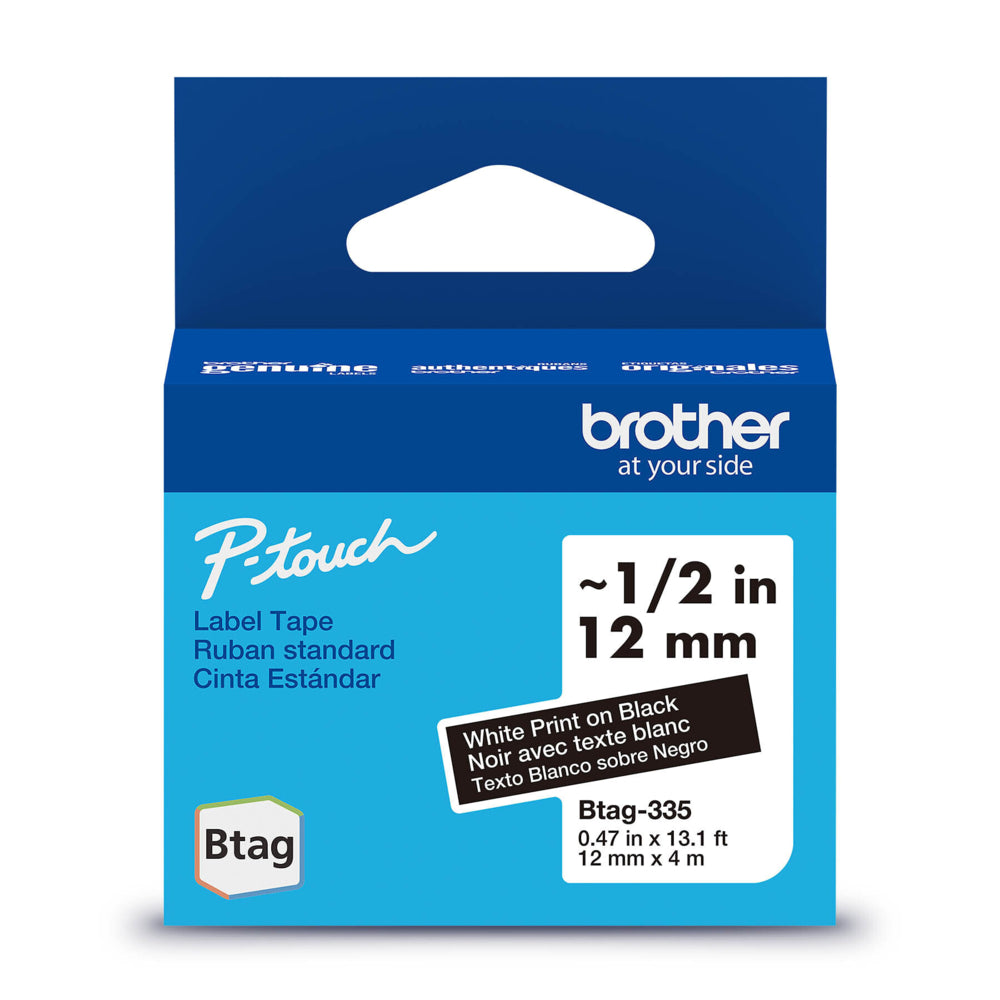 Ruban d'étiquettes Brother BTAG335 authentique pour étiqueteuses P-touch - Blanc sur noir - 12 mm l x 4 m L