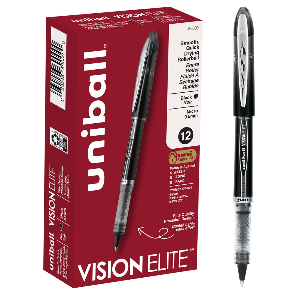 uni-ball Vision Elite Rollerball Pen, 0.5mm, Black, 12 Pack