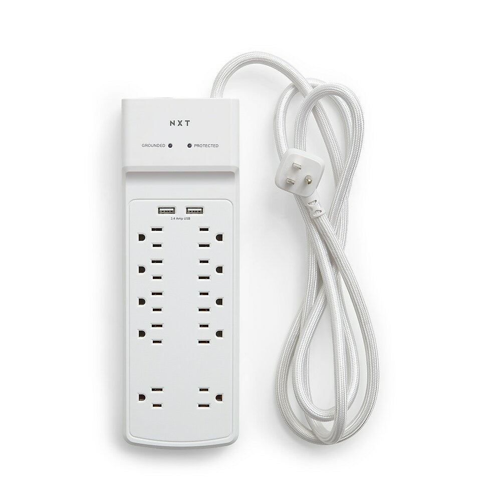 NXT Technologies NX54318-CA NX54318, 10-Outlet 2 USB Surge Protector, 6ft, White