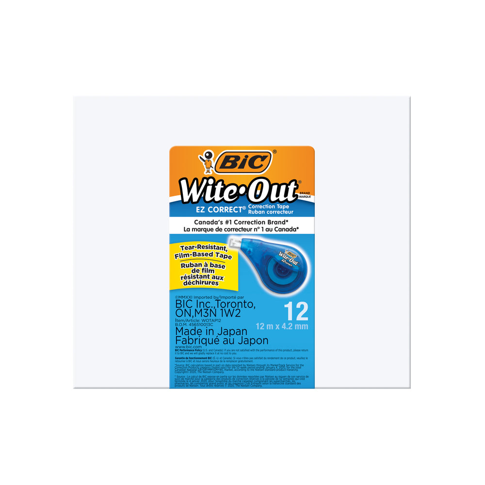 BIC Wite-Out EZ Correct Correction Tape - White - Tear-Resistant Tape - 12 Pack
