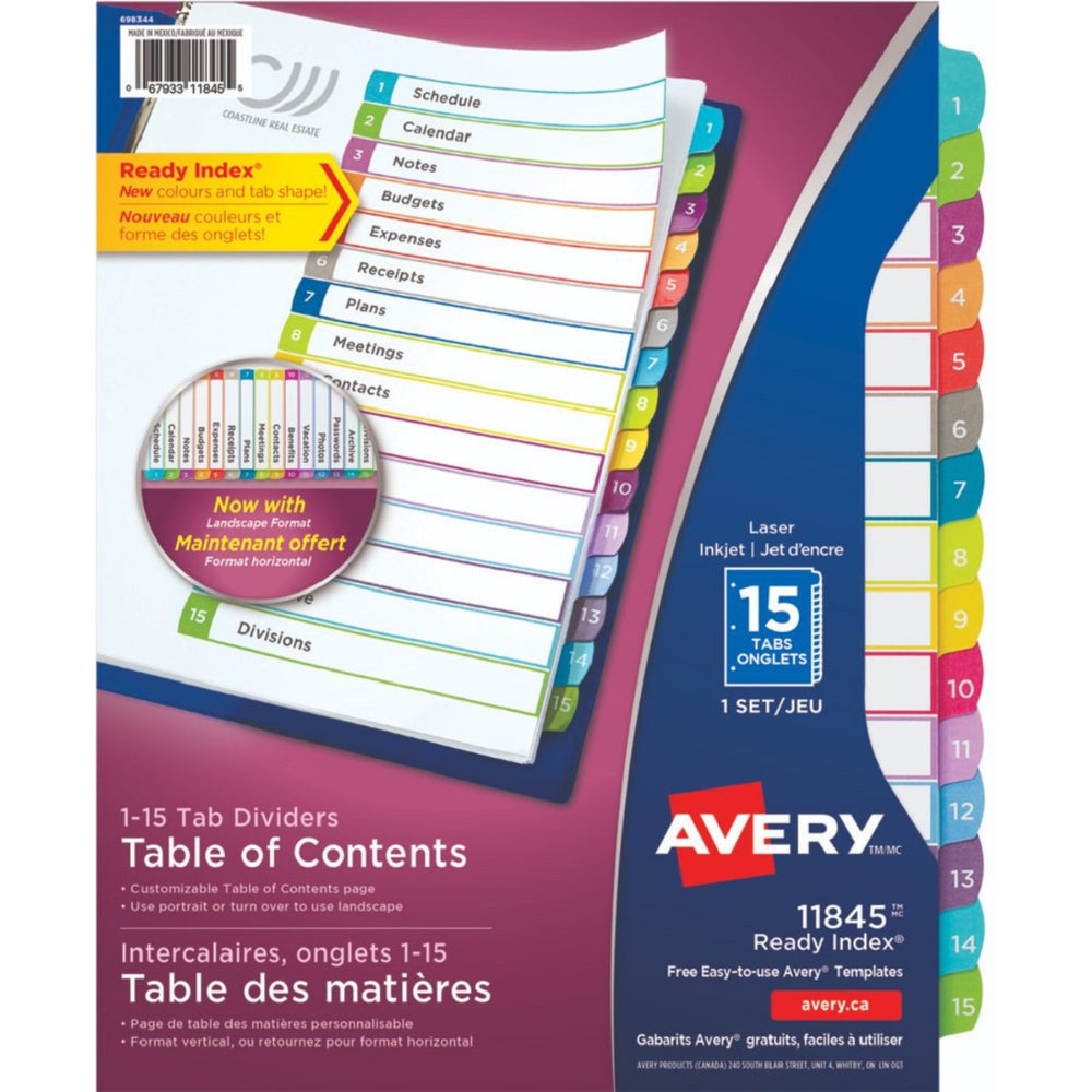 Avery Ready Index 1-15 Tab Dividers & Customizable Table of Contents - 11845