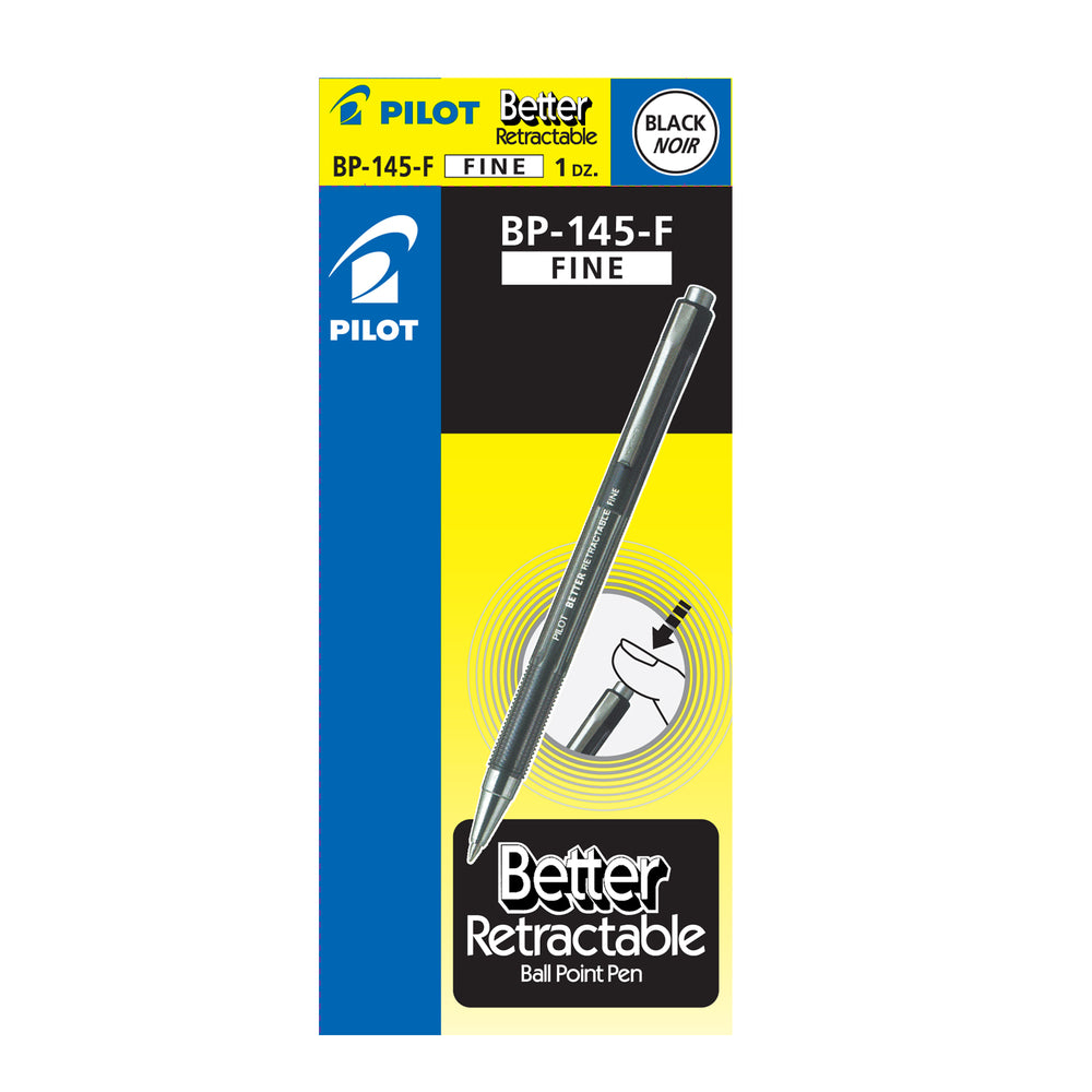 Pilot Better Retractable Ball Point Pens, Refillable, 0.7mm, Black, 12 Pack (BP145-F-BK)