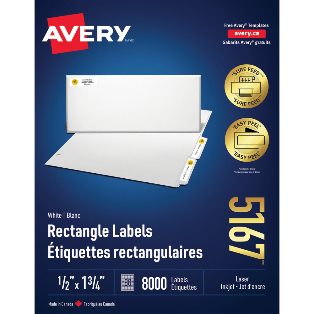 Avery Easy Peel Laser/Inkjet Return Address Labels - 1-3/4" x 1/2" - White - 8000 Pack (5167)