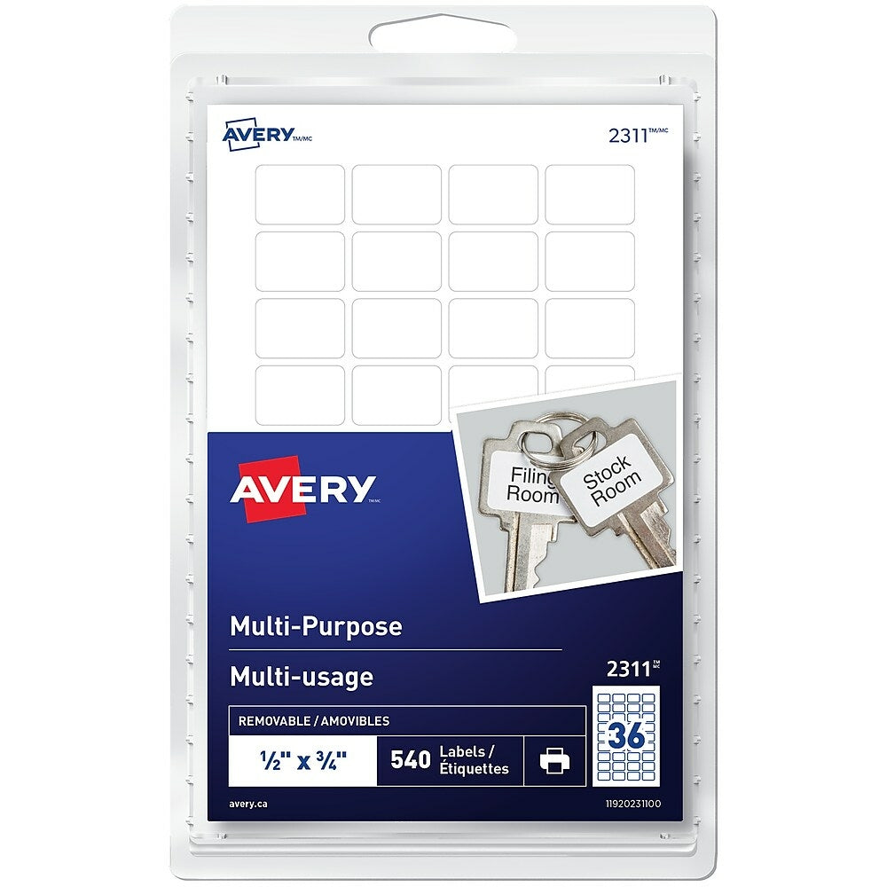 Avery White Print or Write Removable Rectangular Multiuse Labels, 1/2" x 3/4", 540 Pack, (2311)