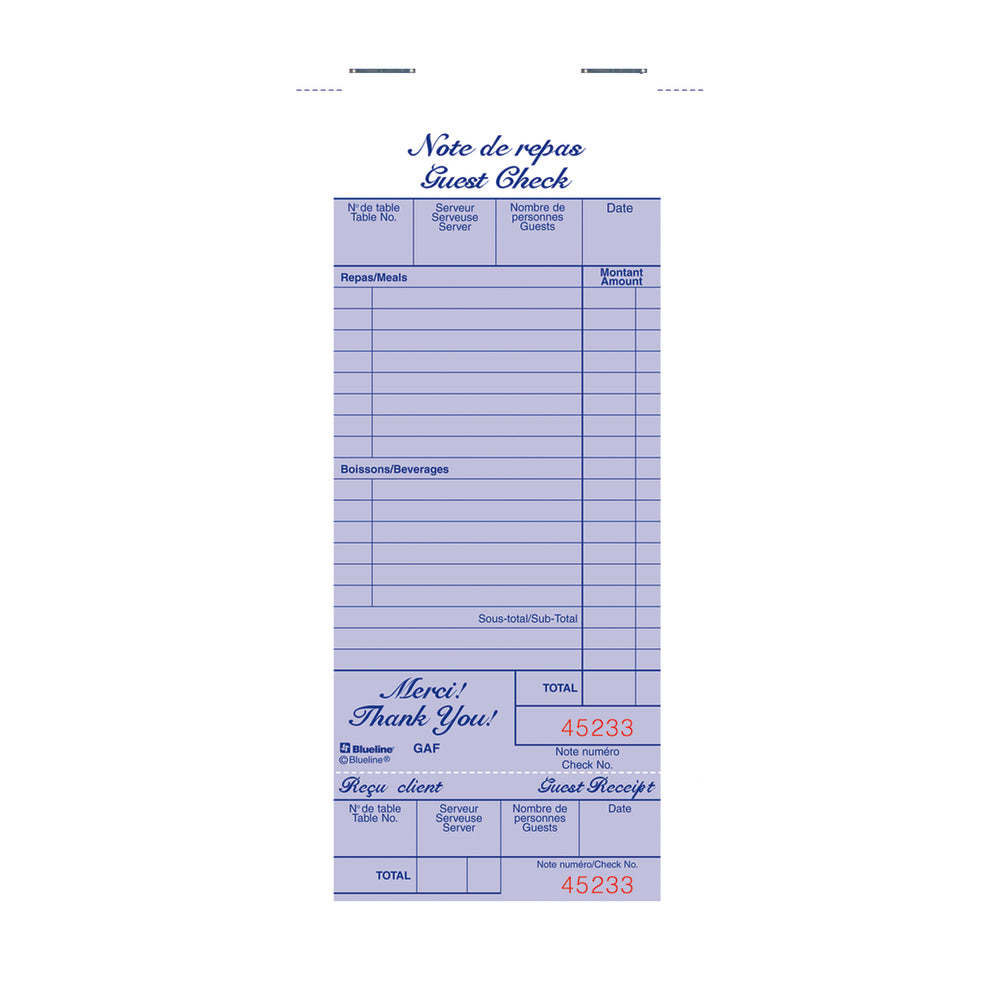 Blueline Restaurant Invoices Pads with Stub - 7-1/2" x 3-3/8”- Bilingual - 100 Sheets/Pad - 10 Pack