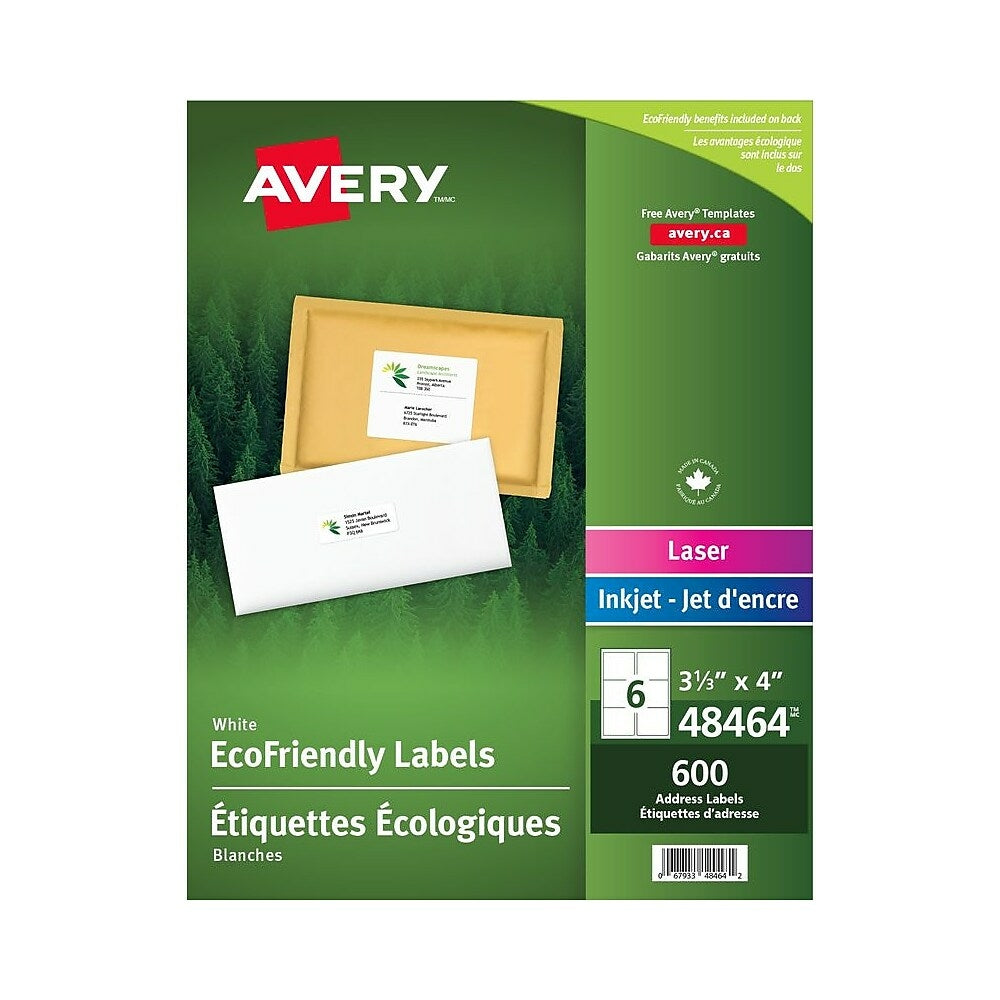 Étiquettes d'expédition Avery blanches écologiques pour imprimantes laser/jet d'encre, 4" x 3-1/3", paquet de 600 (48464)