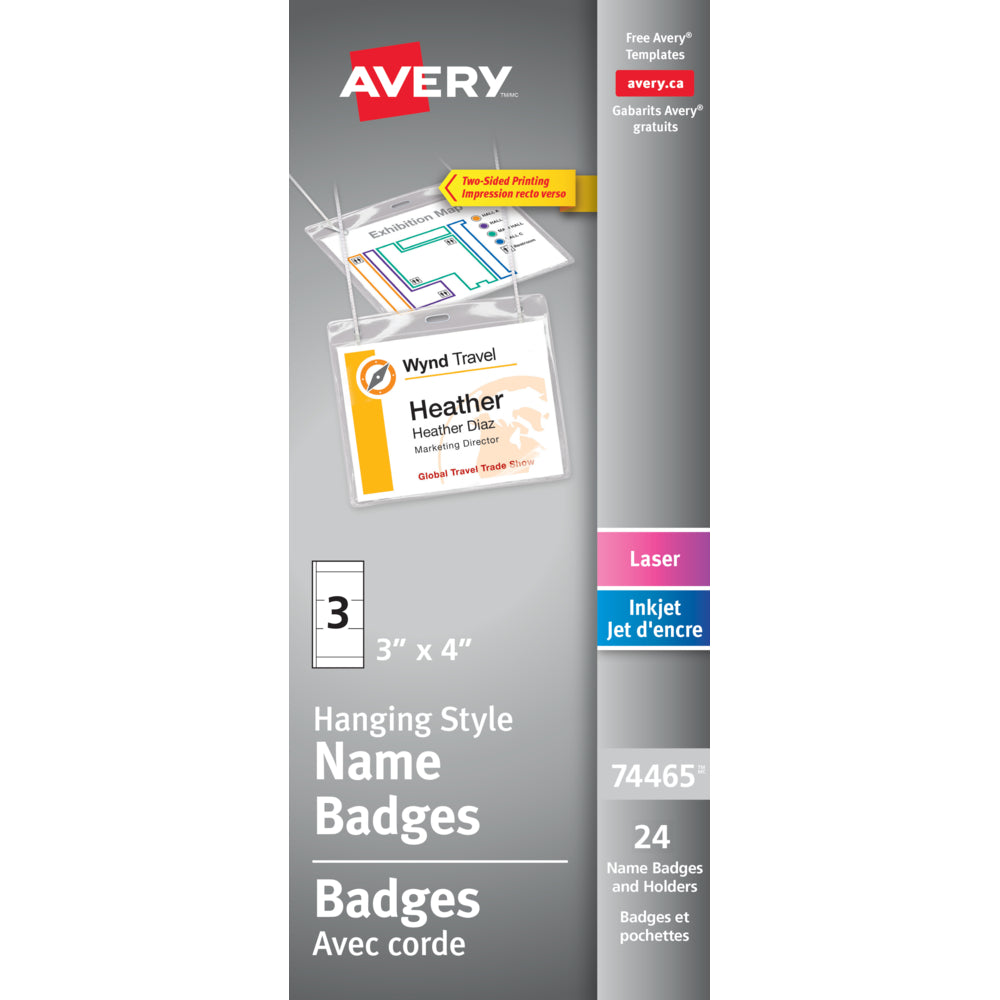 Kit de badges nominatifs laser/jet d'encre Avery Convention Style, 4" x 3", paquet de 24 (74465)