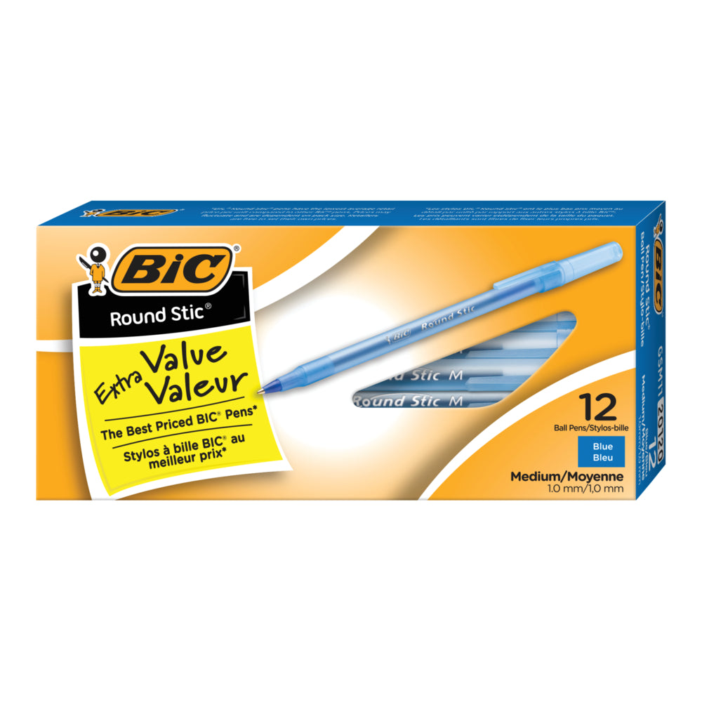 BIC Round Stic Extra Value Ballpoint Stick Pens - 1.0mm - Blue - 12 Pack