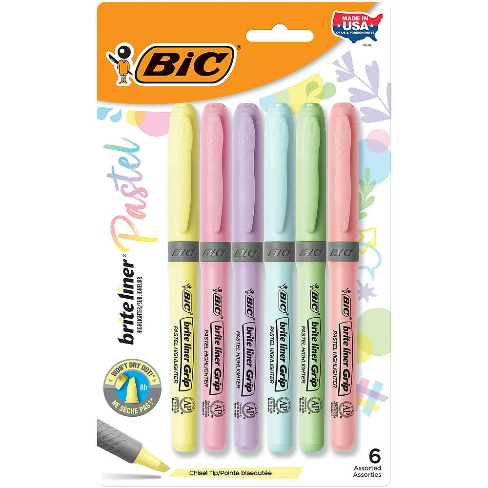 BIC Brite Liner Grip Pastel Highlighters - 6 Pack