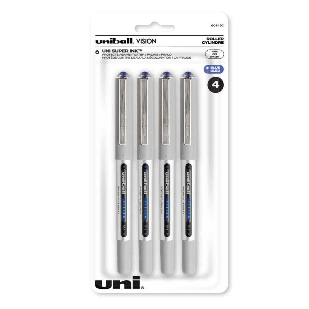 uni-ball Vision Rollerball Pens - Fine Point (0.7mm) - Blue - 4 Pack