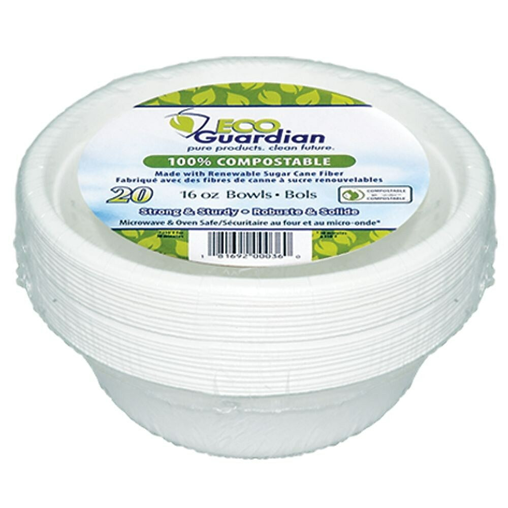 Eco Guardian Compostable Bagasse Bowls - Retail Packaging - 16 oz - 20 Pack (EG-N-K001-S20)