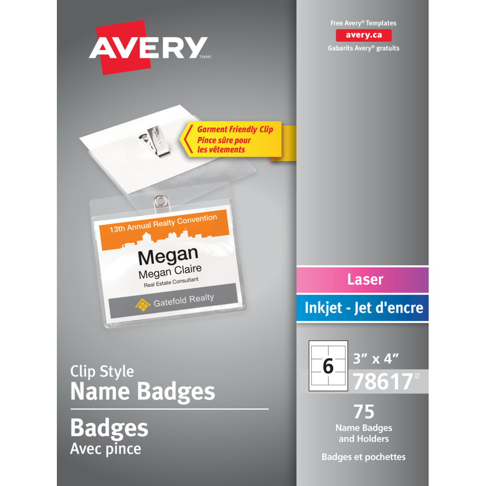 Kit de badges nominatifs laser/jet d'encre Avery Clip Style, 4" x 3", paquet de 75 (78617)