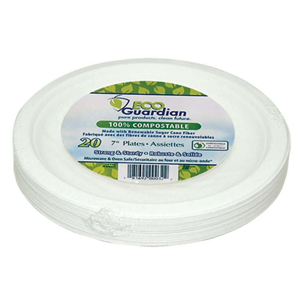 Assiettes compostables en bagasse Eco Guardian - Emballage de vente au détail - 7" - Paquet de 20 (EG-N-A011-S20)