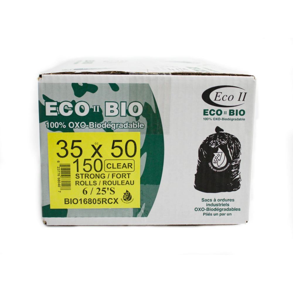 Eco II Oxo-Biodegradable Garbage Bags - 35" x 50" - Strong - Clear Tint - 25/Roll - 150 Pack