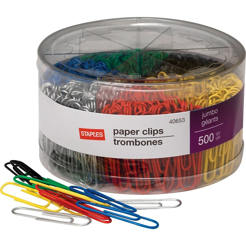 Staples Jumbo Vinyl-Coated Paper Clips - Assorted Colours - 500 Pack