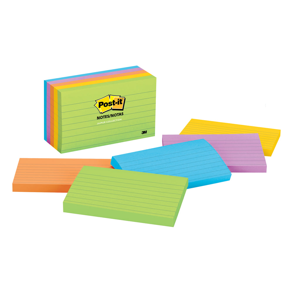 Notes Post-it - Lignées - Collection Jaipur - 3" x 5" - 100 feuilles/bloc - 5 blocs/paquet