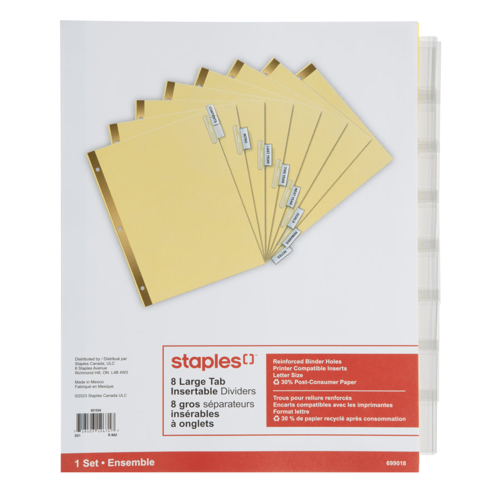 Staples Insertable Dividers - 8 Tabs - Clear