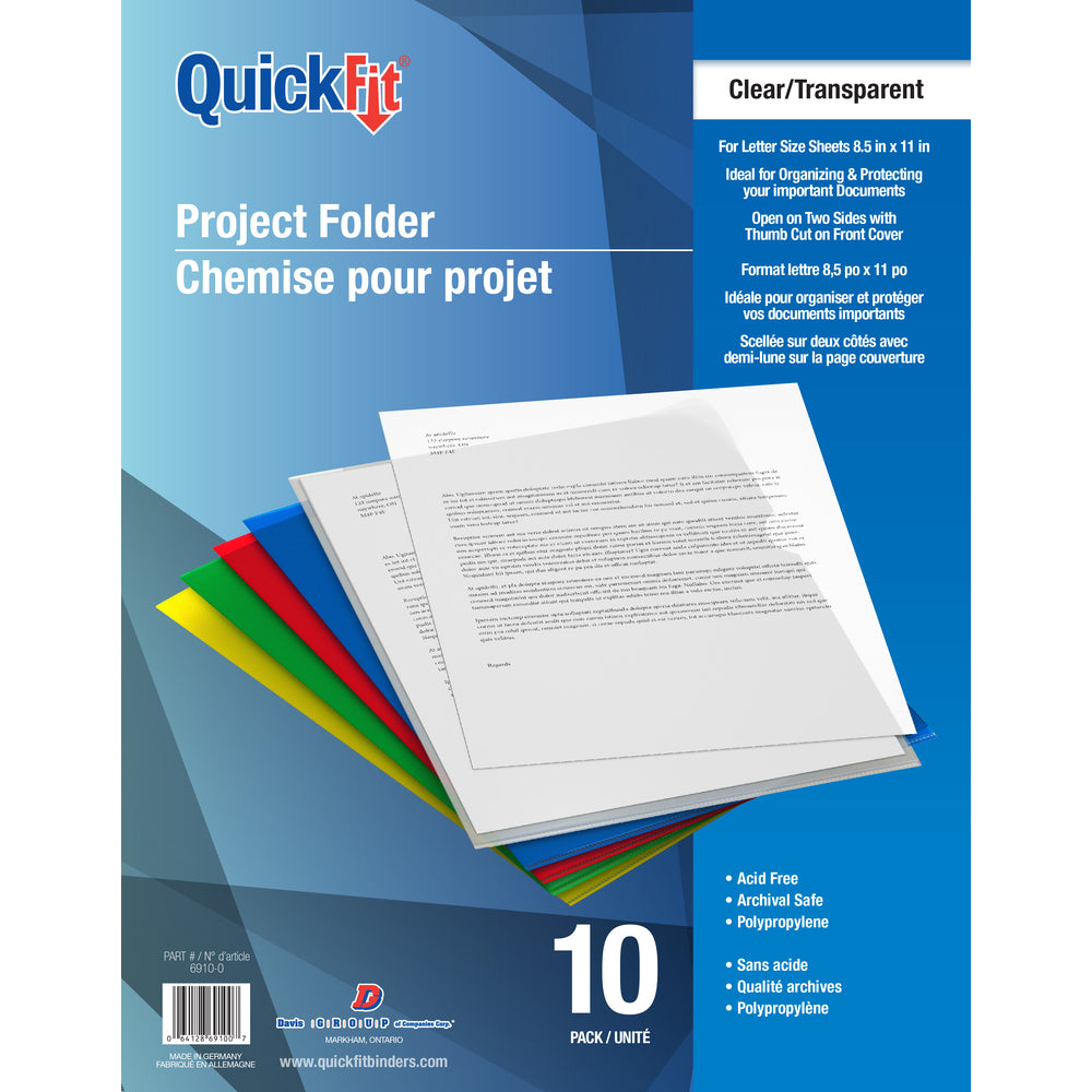 Davis Group QuickFit Project Folders - Polypropylene - Letter Size - Clear - 10 Pack