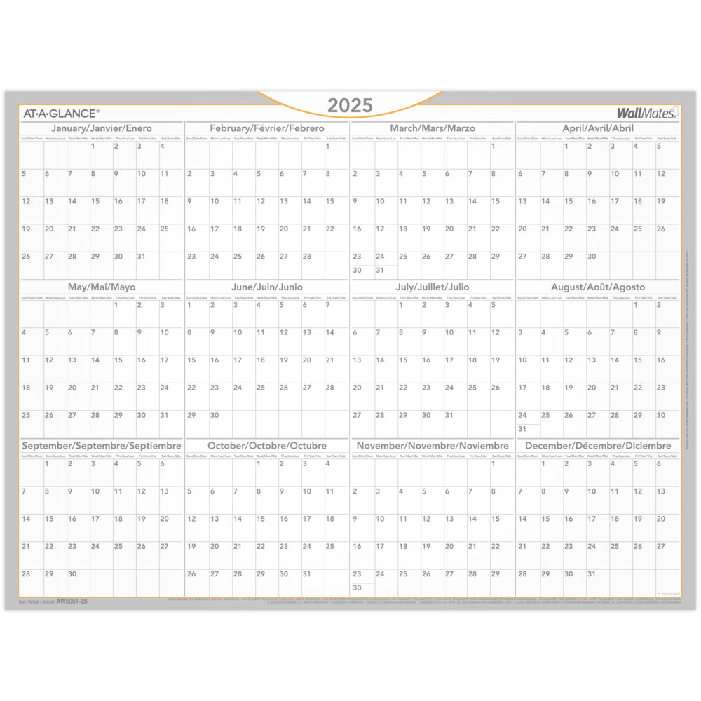 AT-A-GLANCE 2025 WallMates Self-Adhesive Dry-Erase Yearly Calendar - 18" H x 24" W - Bilingual