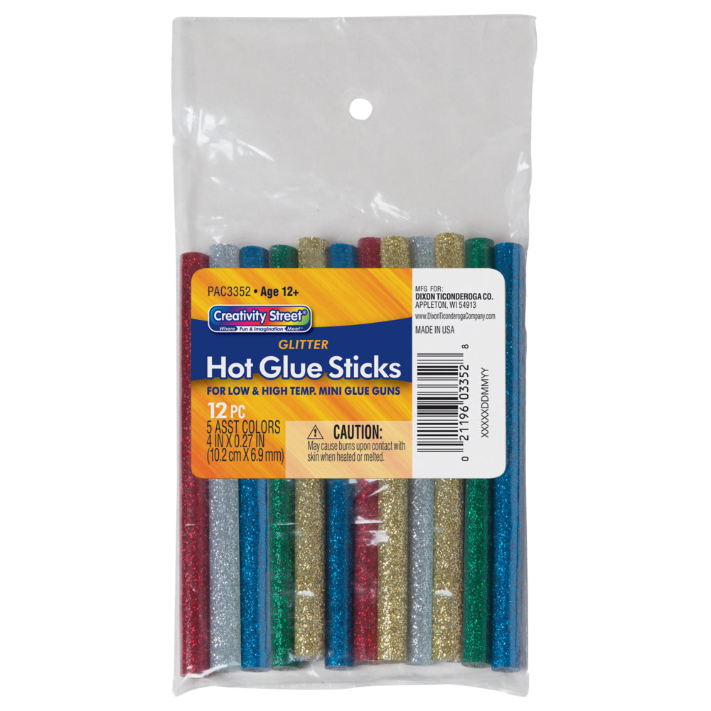 Creativity Street Hot Glue Sticks, 5 Assorted Glitter Colors, 4" x 0.27", 12/pkg