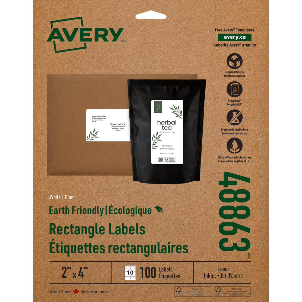 Avery EcoFriendly White Laser/Inkjet Mailing Labels, 2" x 4" , 100 Pack