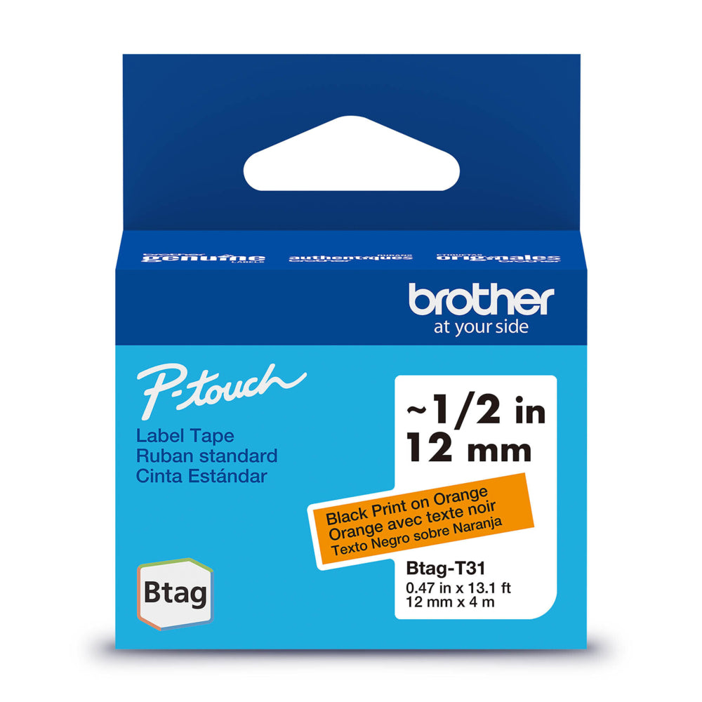 Brother Genuine BTAGT31 Label Tape for P-touch Label Makers - Black on Orange - 12 mm W x 4 m L