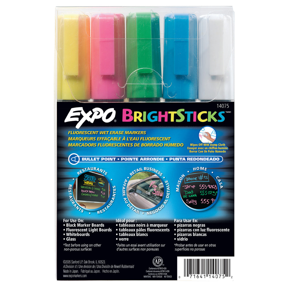 Expo Bright Sticks Fluorescent Wet Erase Markers, Bullet Tip, Assorted, 5 Pack