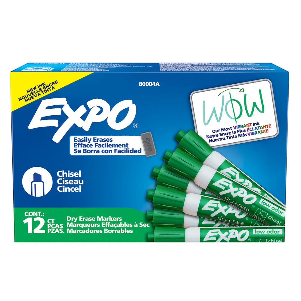 Marqueurs effaçables à sec Expo à faible odeur – Pointe biseautée – Vert – Paquet de 12