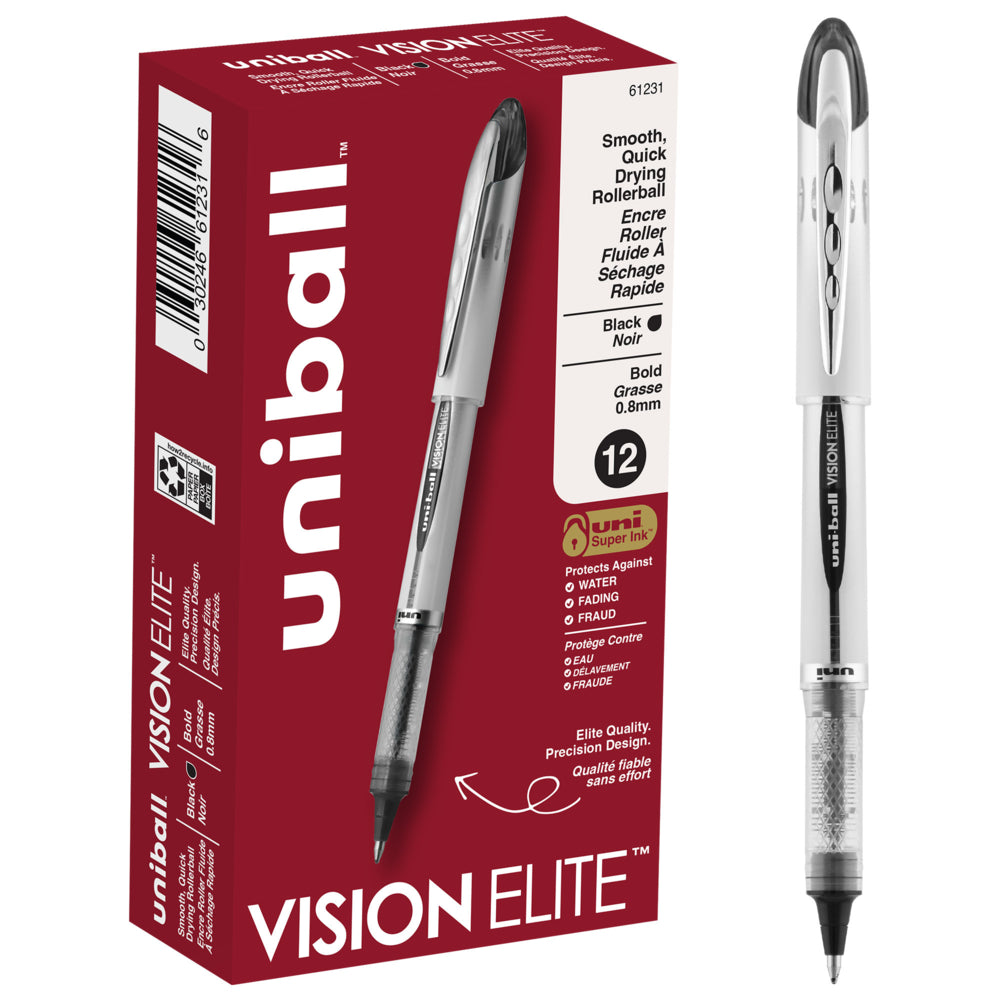 uni-ball Vision Elite Rollerball Pen, 0.8mm, Black, 12 Pack