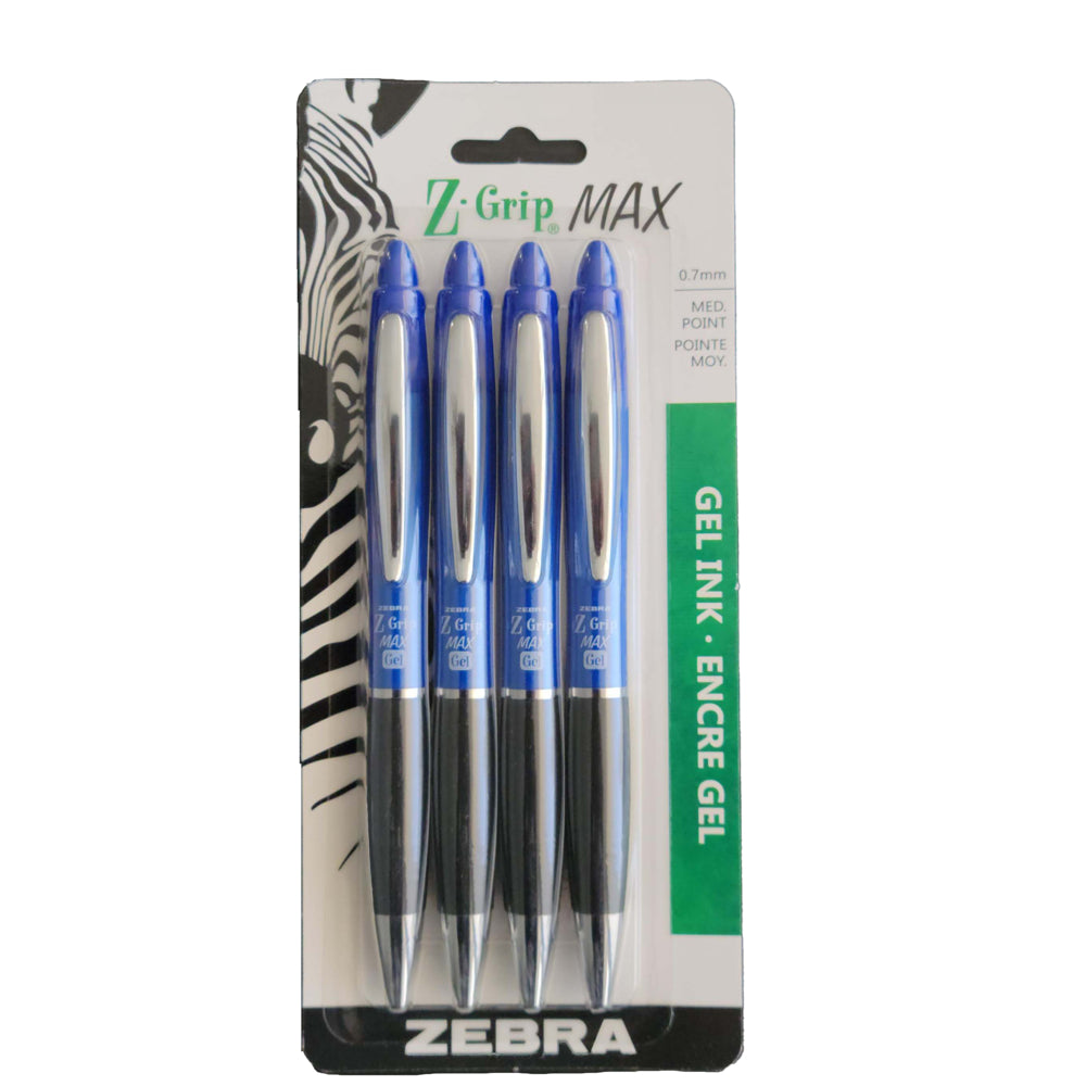 Stylos gel Zebra Z-Grip Max, rétractables, 0,7 mm, bleu, lot de 4