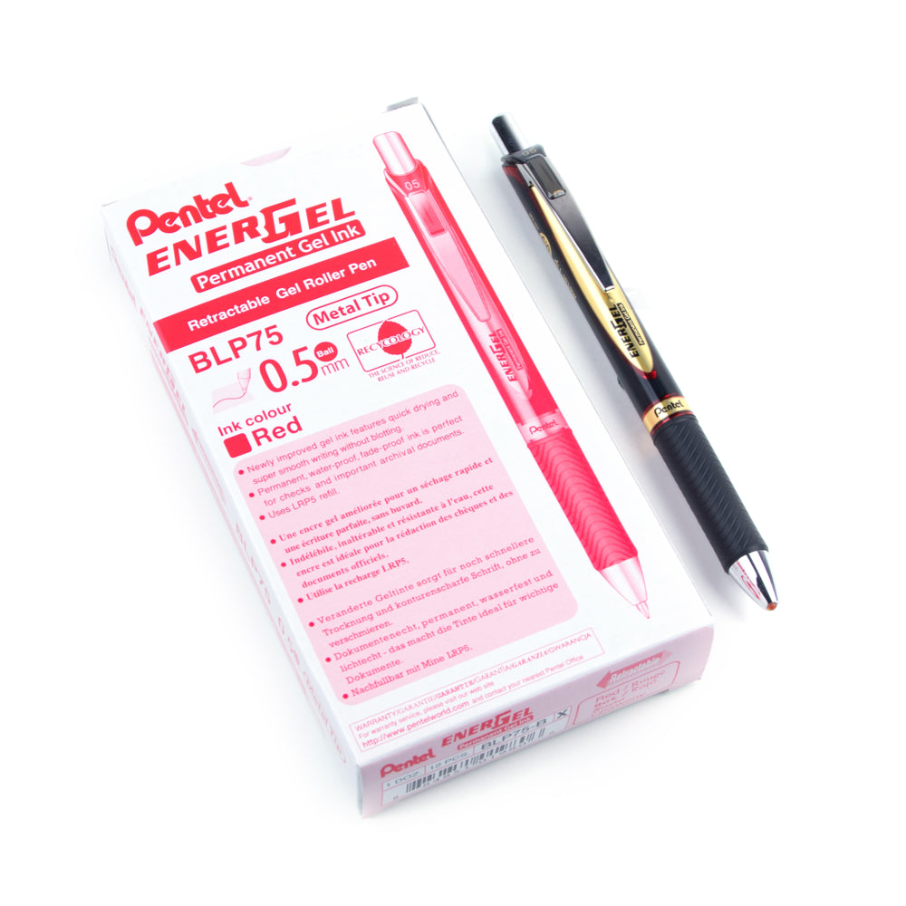 Pentel EnerGel Permanent Retractable Gel Roller - 0.5mm - Red - 12 Pack