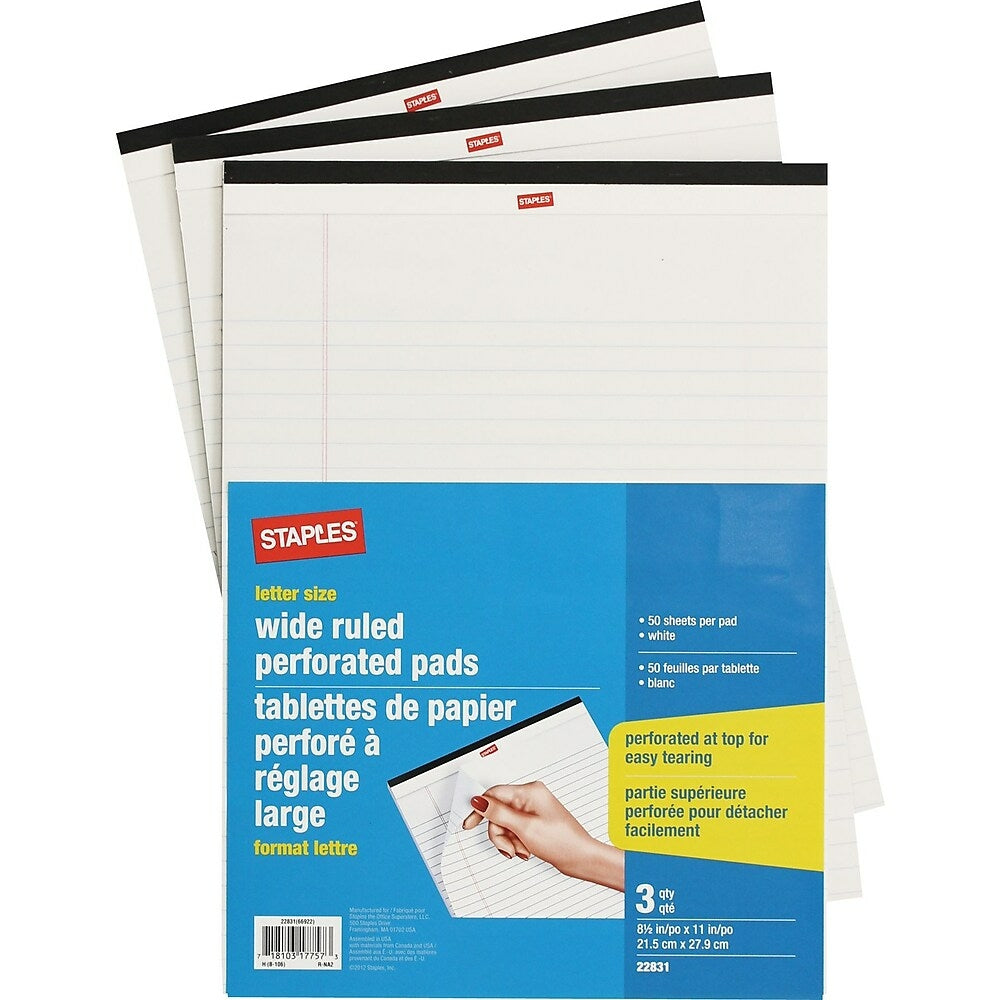 Blocs de papier perforés Staples à larges lignes - Format lettre - Blanc - 8,5" x 11" - 50 feuilles - Paquet de 3