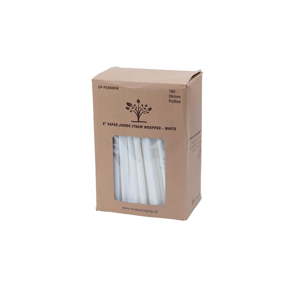 Eco-Packaging Individually Wrapped Compostable Jumbo Paper Straws - 8" - White - 3600 Pack