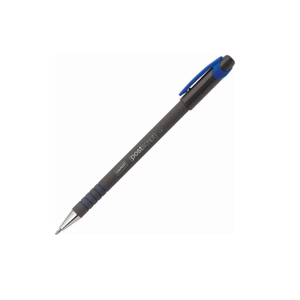 Staples Postscript Rubberized Barrel Stick Pen - Medium Point - 1.0mm - Blue Ink - 12 Pack