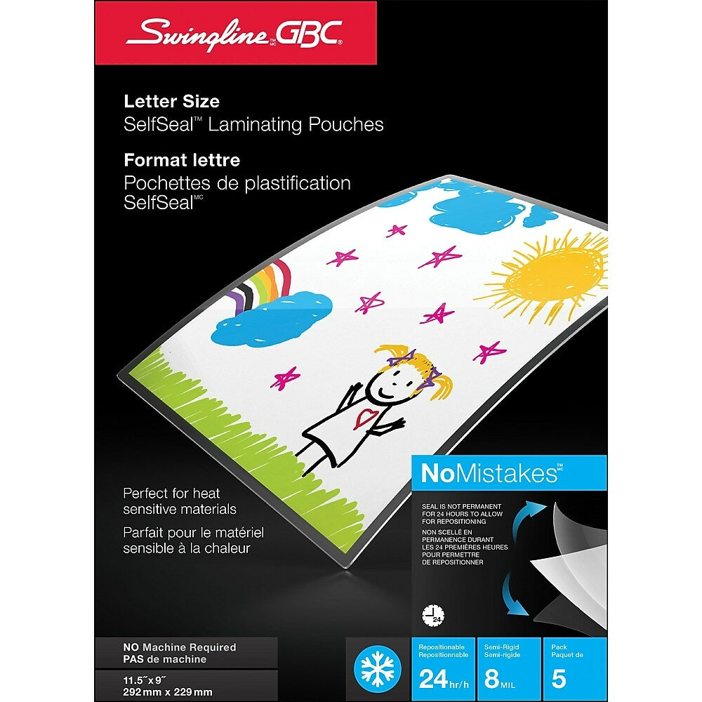 Swingline GBC SelfSeal Nomistakes Repositionable Self Adhesive Laminating Pouches, Letter-Size, 8-mil, 5/Pack (6447406563)