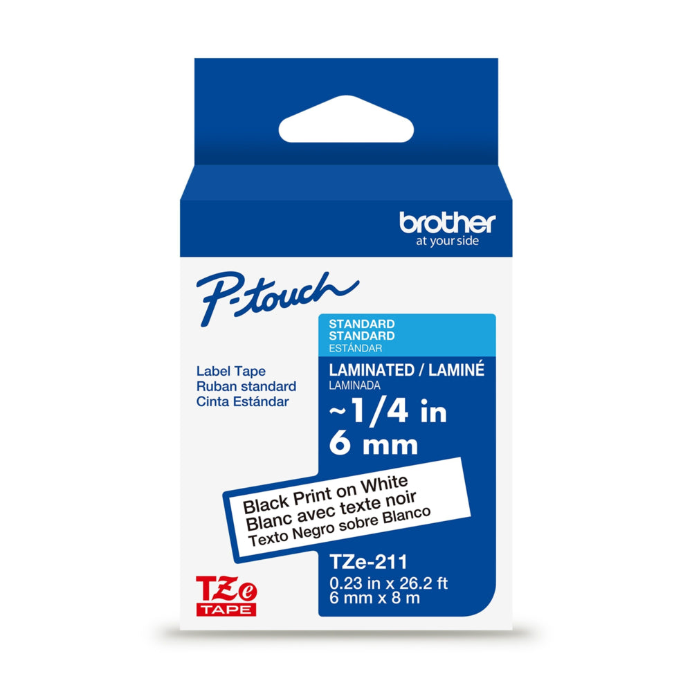 Brother Genuine TZe211 Black on White Laminated Tape for P-touch Label Makers, 6 mm wide x 8 m long
