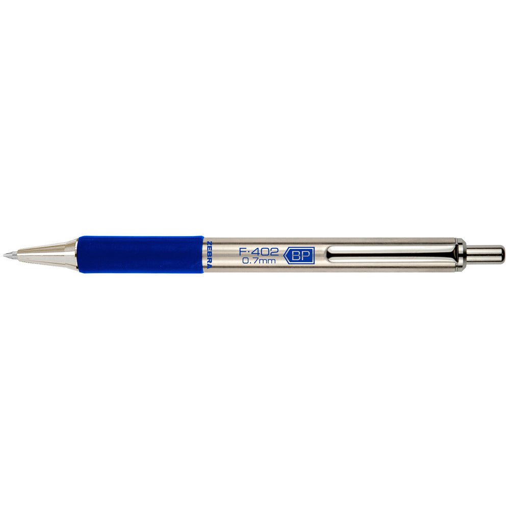 Stylo à bille rétractable Zebra F-402 en acier inoxydable - Poignée caoutchoutée bleue - Pointe fine - 0,7 mm - Encre bleue