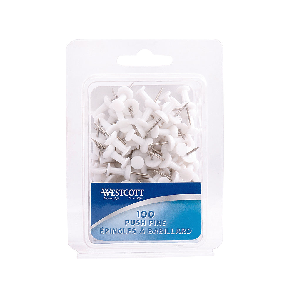 Westcott Push Pins - 1" - White - 100 Pack