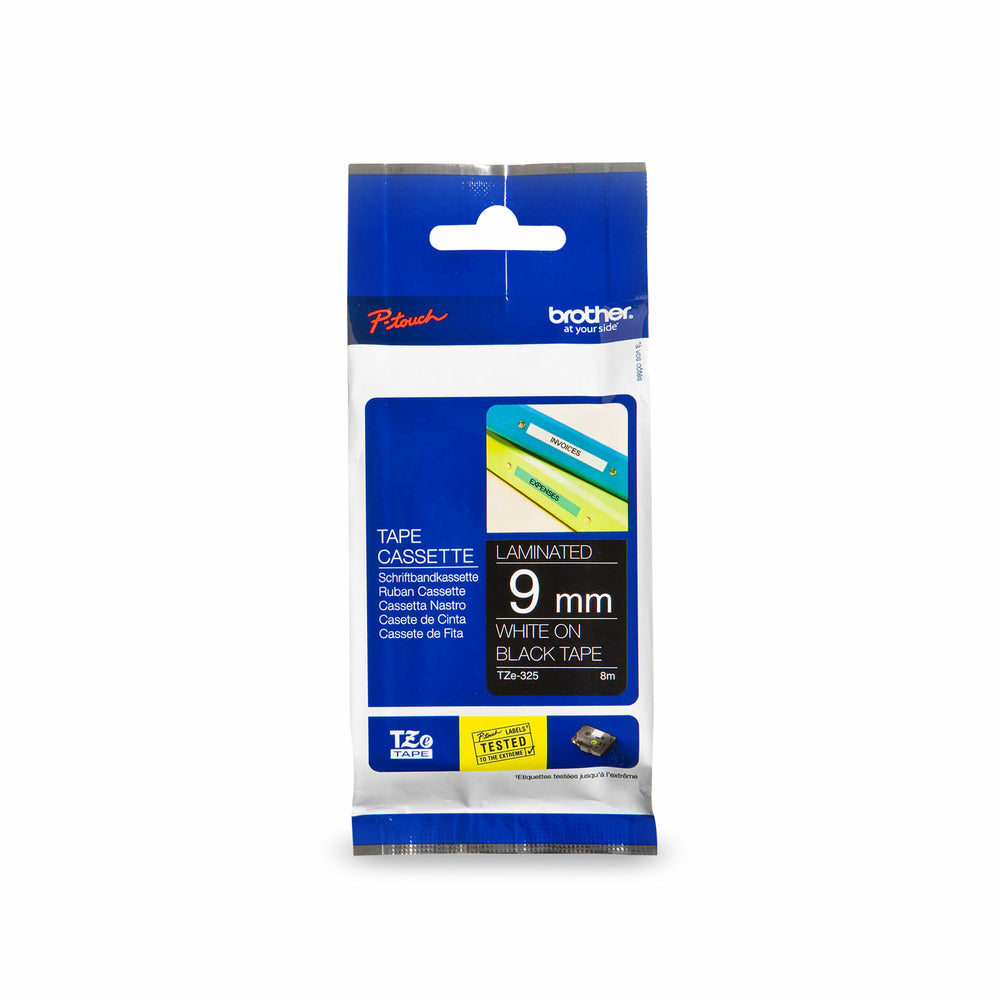 Ruban laminé blanc sur noir Brother TZe325 d'origine pour étiqueteuses P-touch, 9 mm de large x 8 m de long