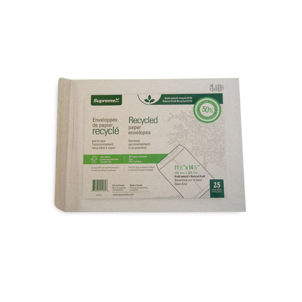 Enveloppes pour catalogue Supremex en papier kraft naturel robuste, à extrémité ouverte – 24 lb – 11 1/2 po x 14 1/2 po – Naturel – Paquet de 100