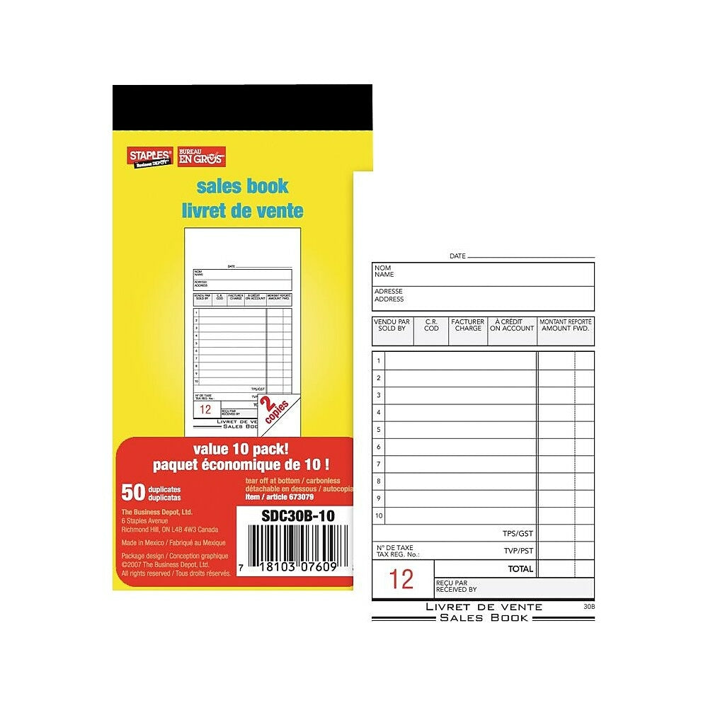 Staples - Livre de vente bilingue - 50 exemplaires - Autocopiant - 3" x 7", paquet de 10
