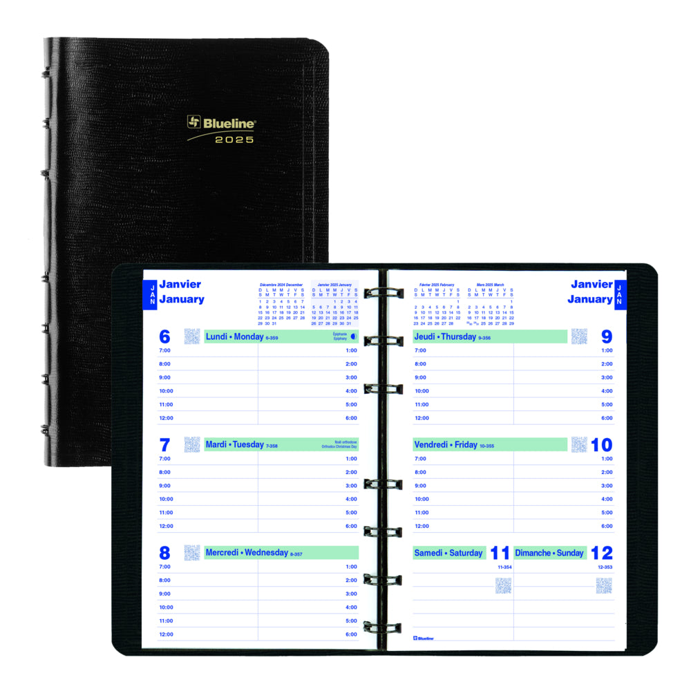 Blueline 2025 Weekly Indexed Planner - 8" x 5" - Bilingual - Black
