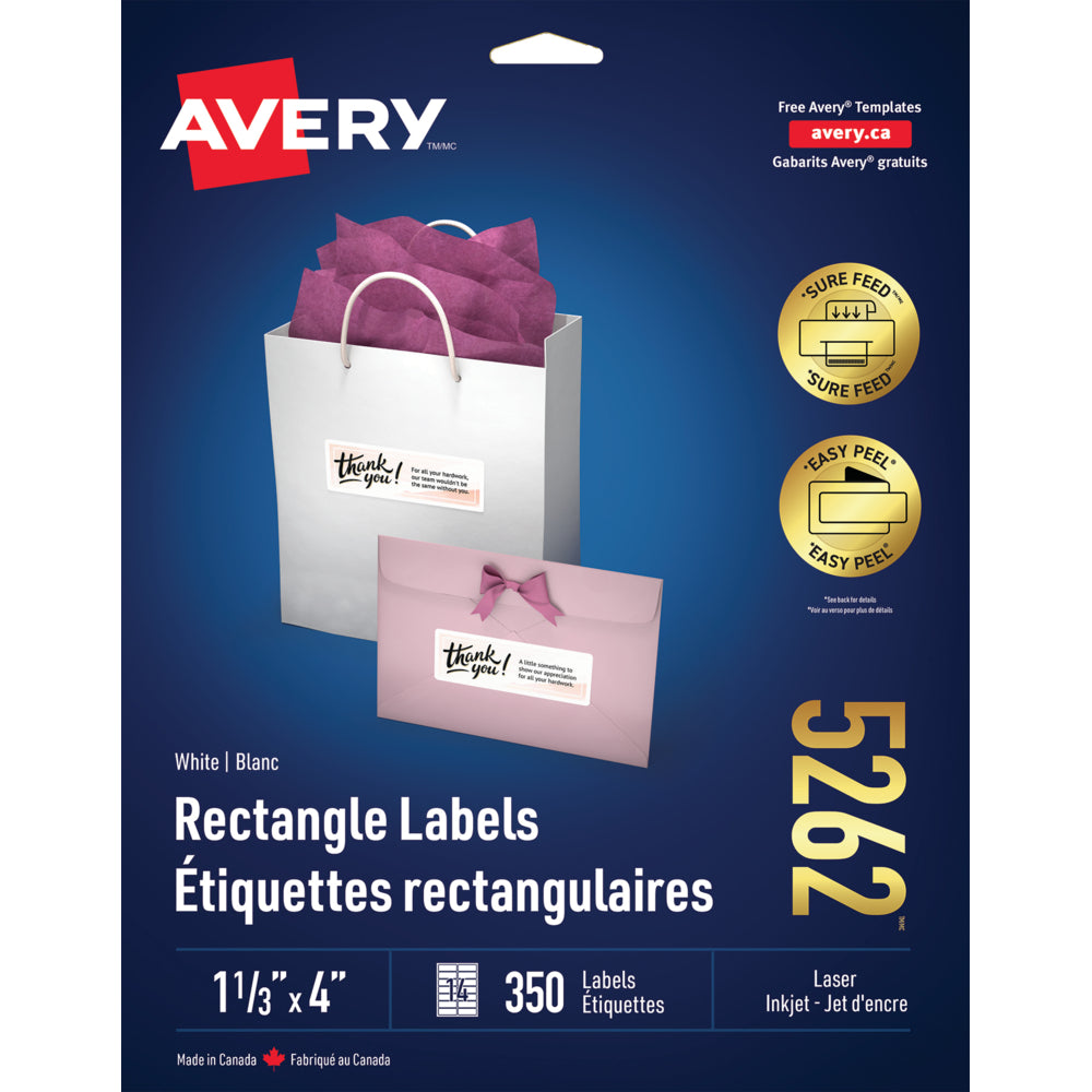 Étiquettes d'adresse Avery Easy Peel pour imprimantes laser/jet d'encre - 4" x 1-1/3" - Blanches - Paquet de 350 (5262)